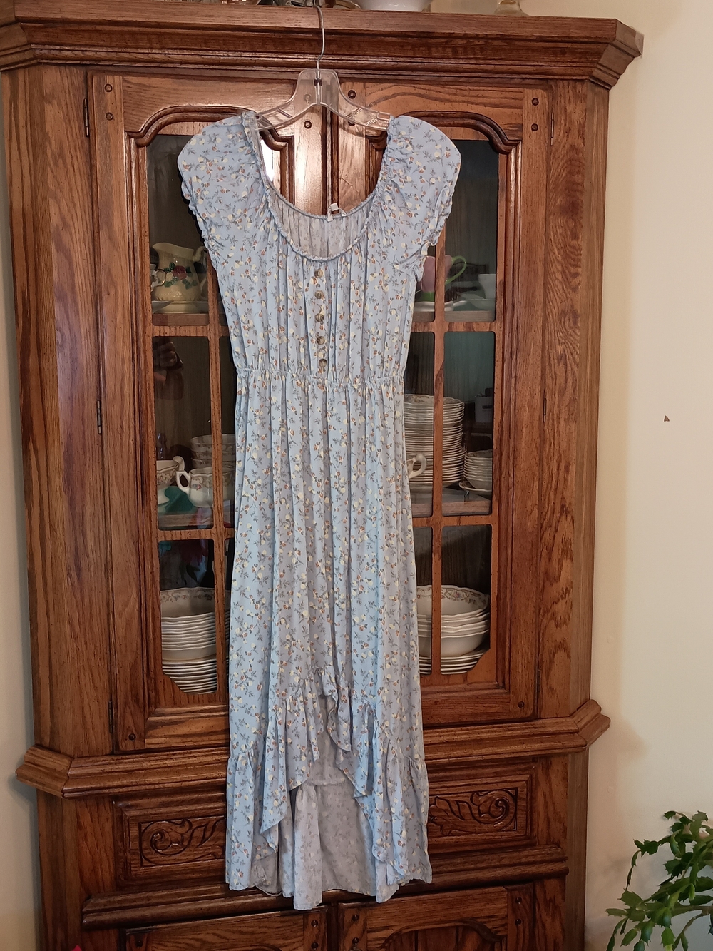 Light Blue Floral High-Low Maxi Dress with Ruffle Details